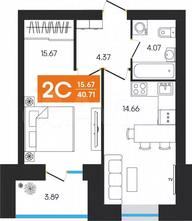 2-к. квартира, 40,7 м, 3/8 эт. - Фото 0