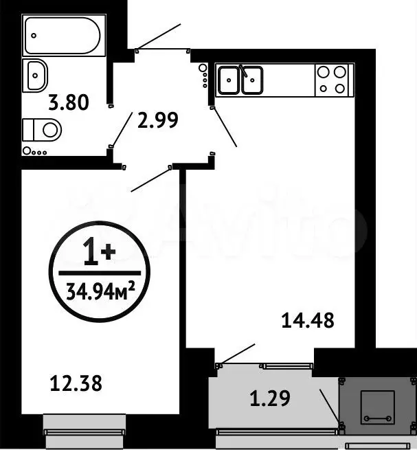 1-к. квартира, 34,9 м, 5/7 эт. - Фото 0