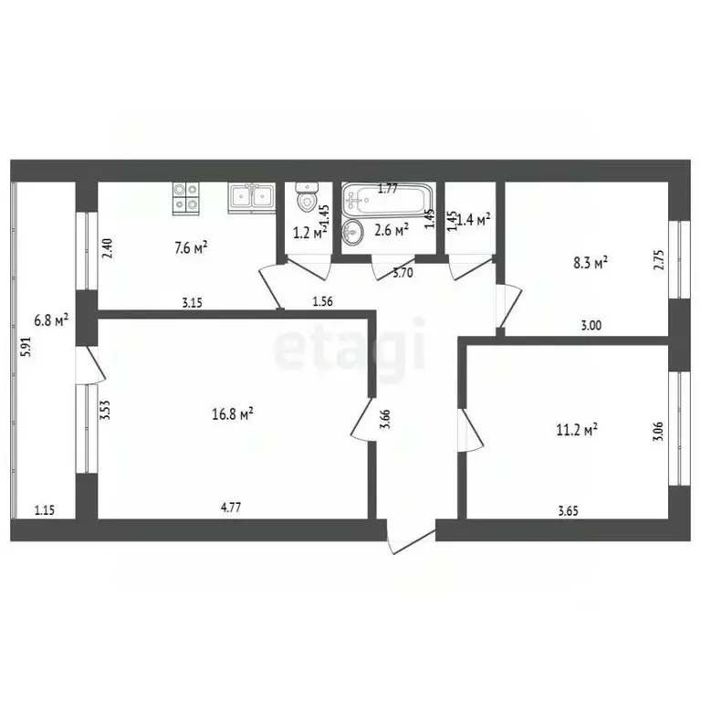 3-к кв. Калининградская область, Калининград Батальная ул., 71 (57.7 ... - Фото 2