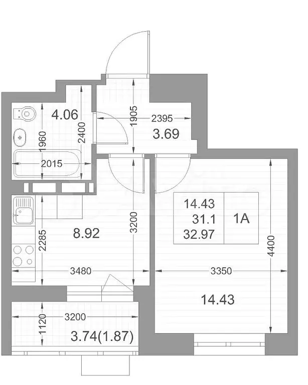 1-к. квартира, 32,9м, 13/17эт. - Фото 1