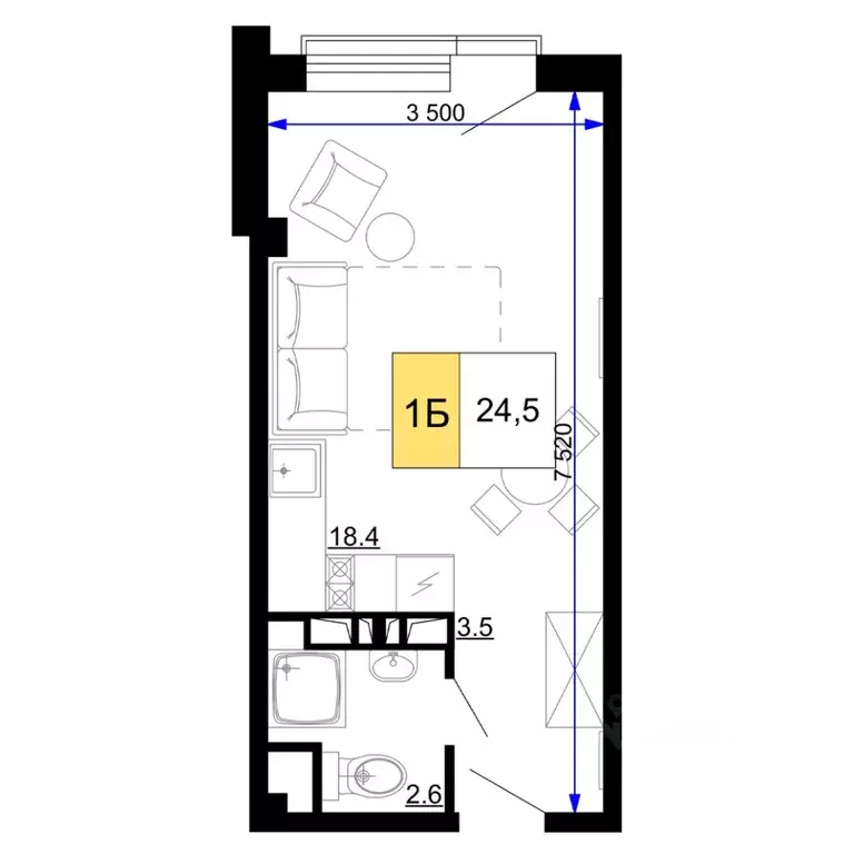 1-к кв. Краснодарский край, Анапа проезд Сосновый (24.5 м) - Фото 1