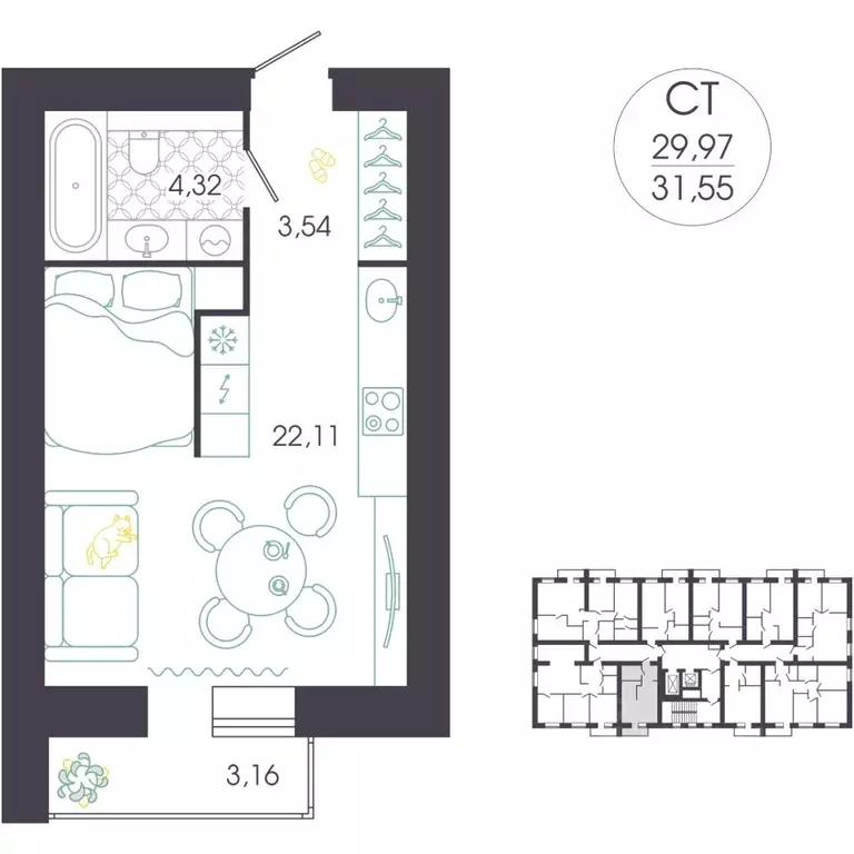 Студия Пензенская область, Пенза Колышлейская ул., 7 (32.15 м) - Фото 2