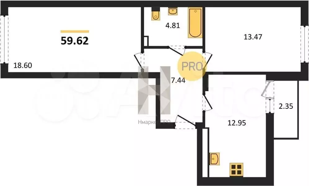 2-к. квартира, 58,5 м, 8/9 эт. - Фото 1