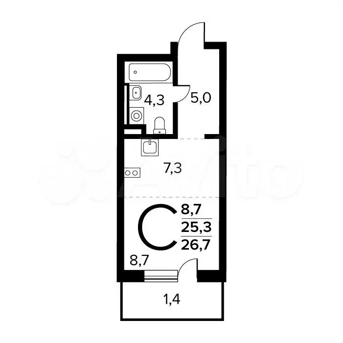 Квартира-студия, 26,7 м, 1/14 эт. - Фото 0