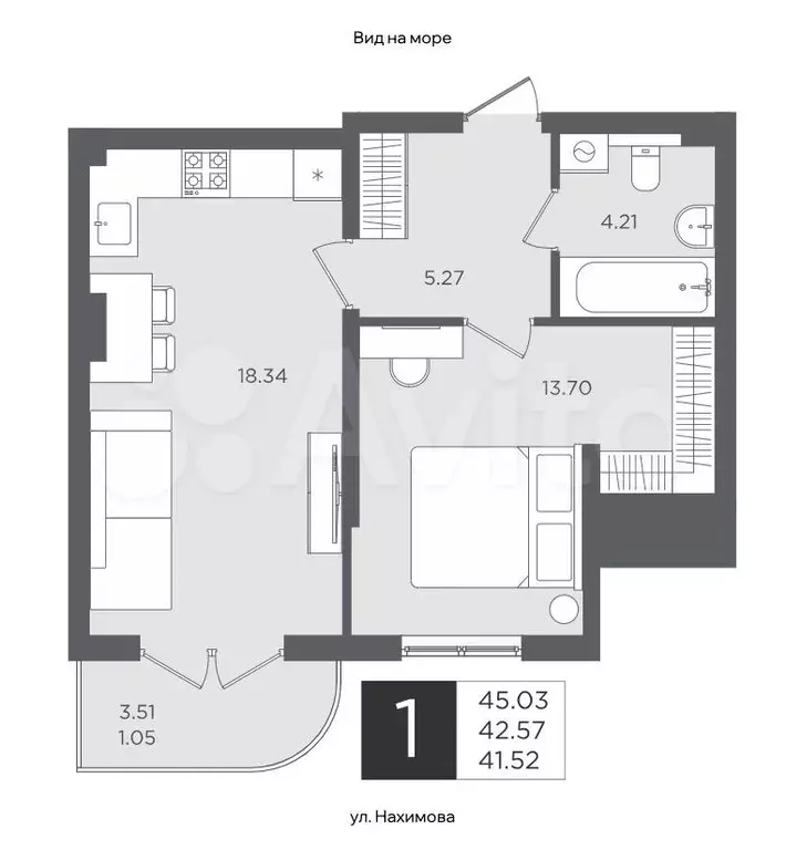 1-к. квартира, 42,5 м, 1/4 эт. - Фото 1