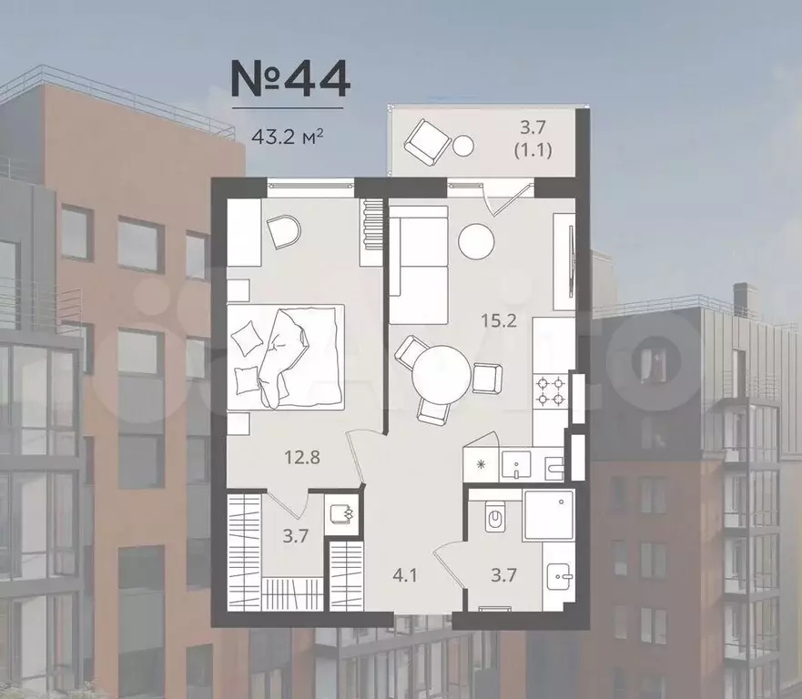 1-к. квартира, 43,2 м, 3/7 эт. - Фото 0