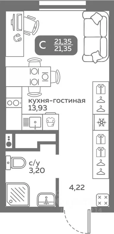 Студия Тюменская область, Тюмень ул. Вадима Бованенко, 10 (21.35 м) - Фото 1