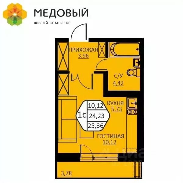 1-к кв. Пермский край, д. Кондратово ул. Н.М. Яблокова, 6 (23.6 м) - Фото 1