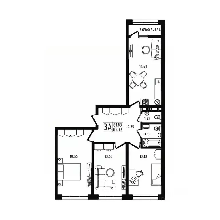 3-к кв. Адыгея, Майкоп ул. К.А. Васильева, 1к4 (83.37 м) - Фото 2