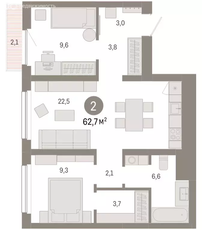 2-комнатная квартира: Новосибирск, квартал Лебедевский (62.7 м) - Фото 1