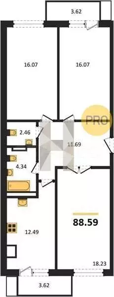 3-к. квартира, 88,6м, 1/9эт. - Фото 1