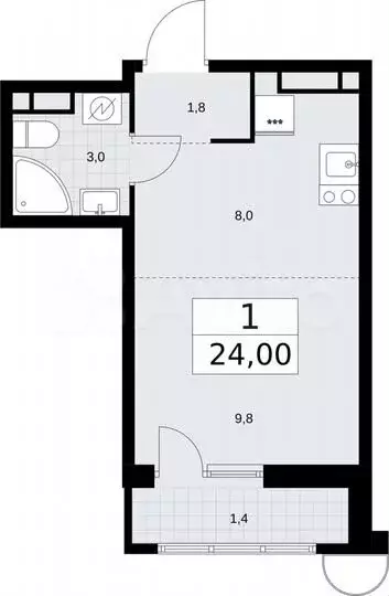 Квартира-студия, 24м, 10/10эт. - Фото 1