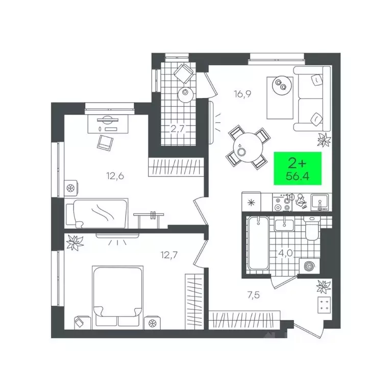 2-к кв. Тюменская область, Тюмень Комарово Парк жилрайон,  (56.4 м) - Фото 1