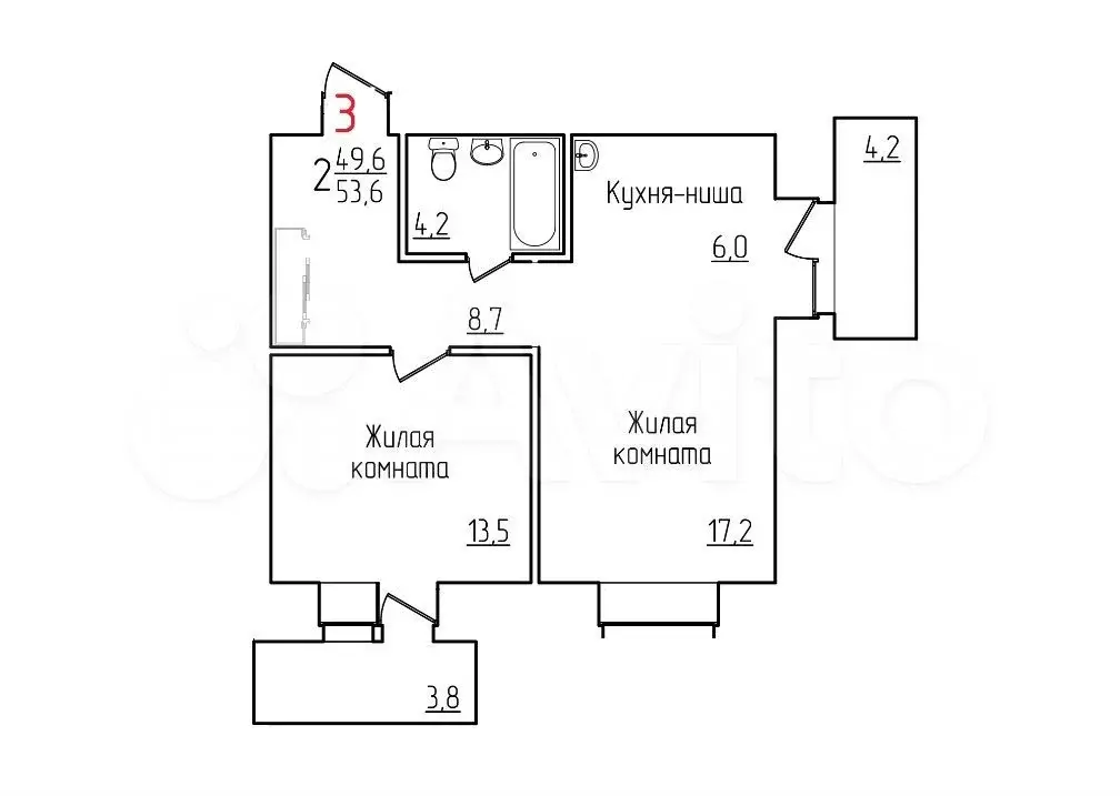 2-к. квартира, 53,6 м, 1/12 эт. - Фото 0