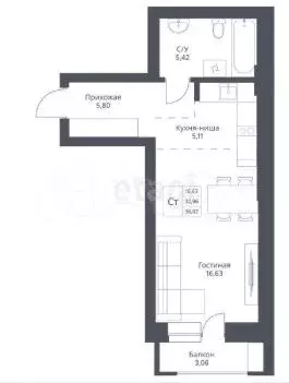 Квартира-студия, 36 м, 5/24 эт. - Фото 0