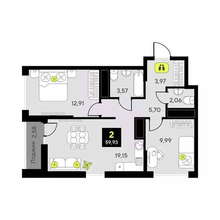 2-к кв. Тюменская область, Тюмень ул. Андрея Приказнова, 2 (59.93 м) - Фото 1