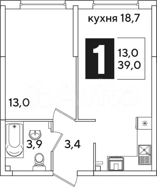 1-к. квартира, 39 м, 2/16 эт. - Фото 1