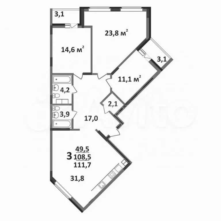 3-к. квартира, 111,7 м, 8/10 эт. - Фото 0