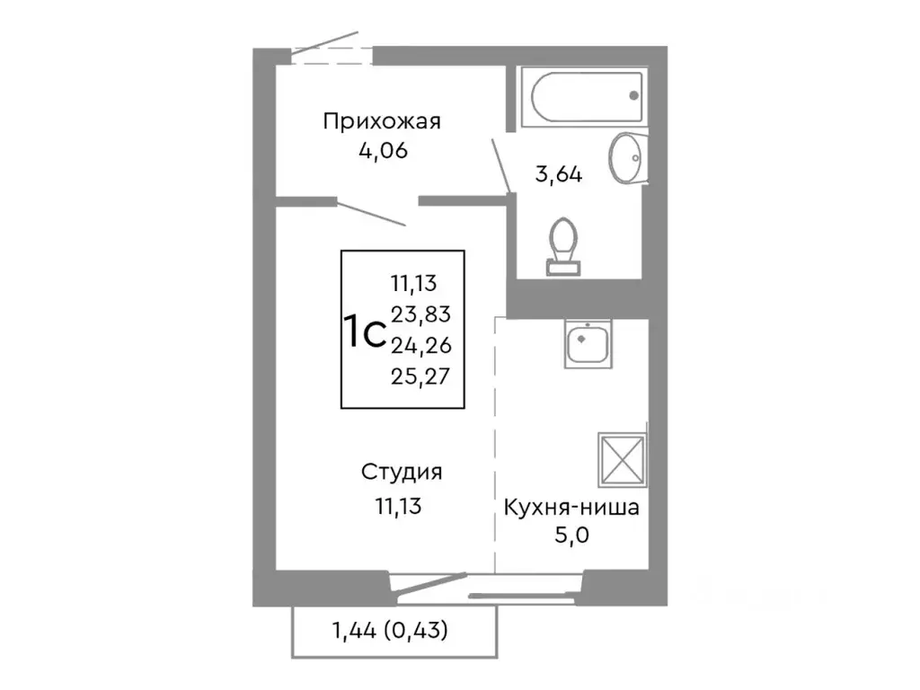 Студия Челябинская область, Челябинск Нефтебазовая ул., 1-13 (24.26 м) - Фото 1