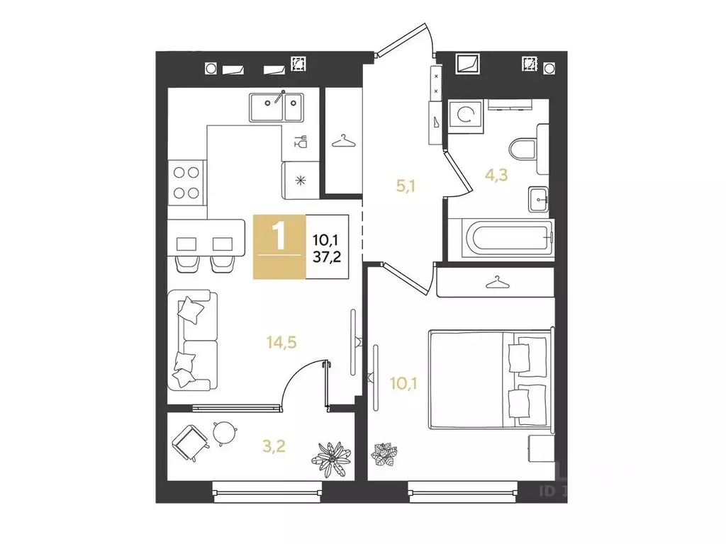 1-к кв. Краснодарский край, Краснодар Самолет кв-л,  (37.2 м) - Фото 1