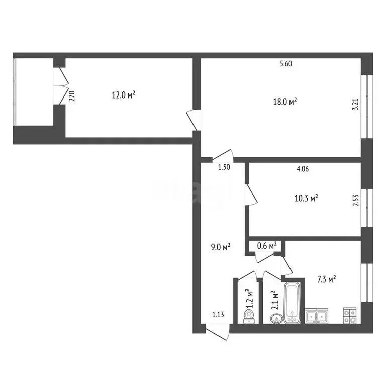 3-комнатная квартира: Тюмень, улица Мира, 2В (60.5 м) - Фото 0