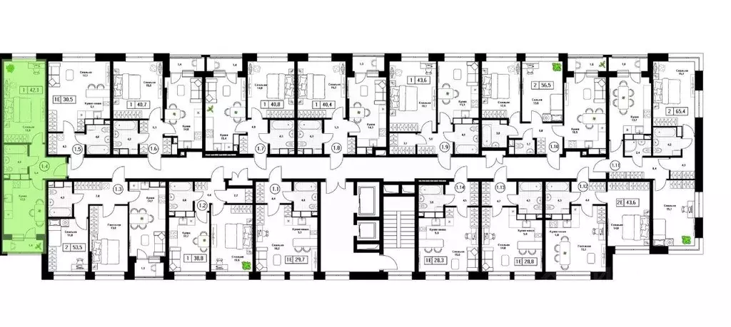 Квартира, 1 комната, 42.1 м - Фото 1