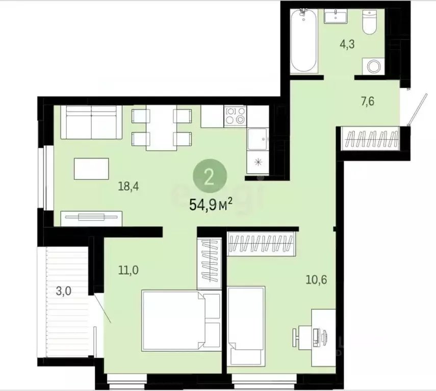 2-к кв. Курганская область, Курган ул. Коли Мяготина, 181 (51.8 м) - Фото 2