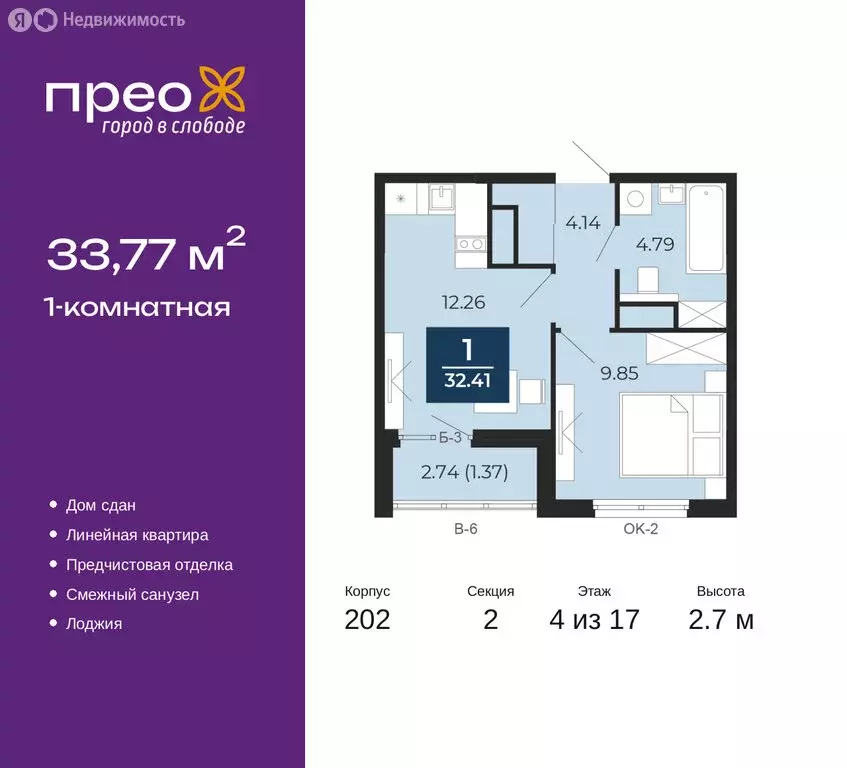 1-комнатная квартира: Тюмень, улица Фармана Салманова, 23 (33.77 м) - Фото 1