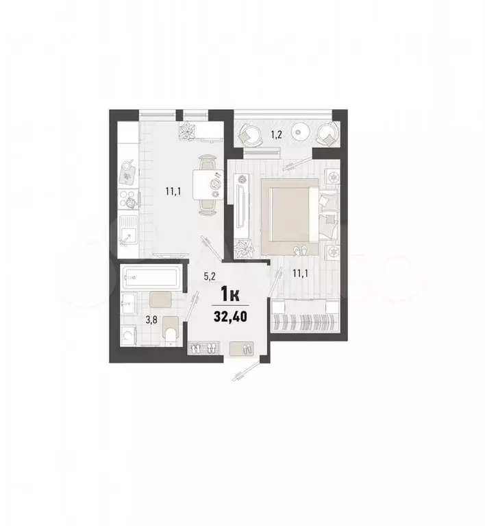 1-к. квартира, 32,4 м, 8/15 эт. - Фото 0