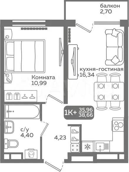 1-к. квартира, 36 м, 12/21 эт. - Фото 0