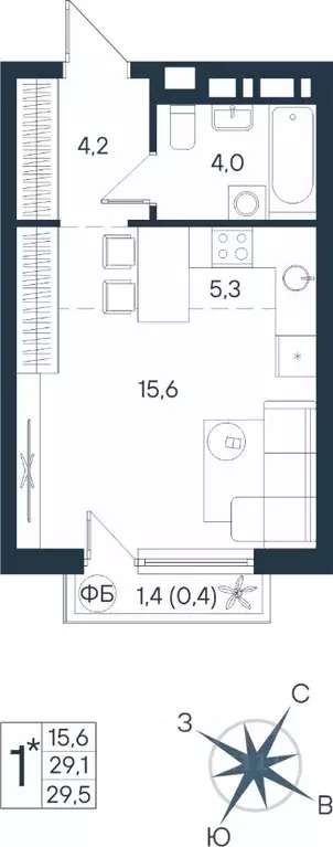 Студия Пермский край, Пермь ул. Космонавта Беляева, 17 (29.5 м) - Фото 1