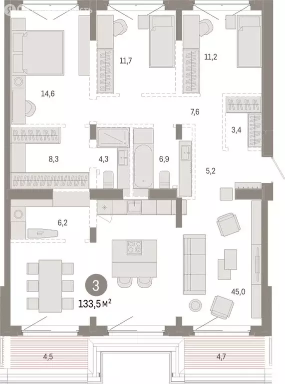 3-комнатная квартира: Тюмень, жилой комплекс На Минской (133.46 м) - Фото 1