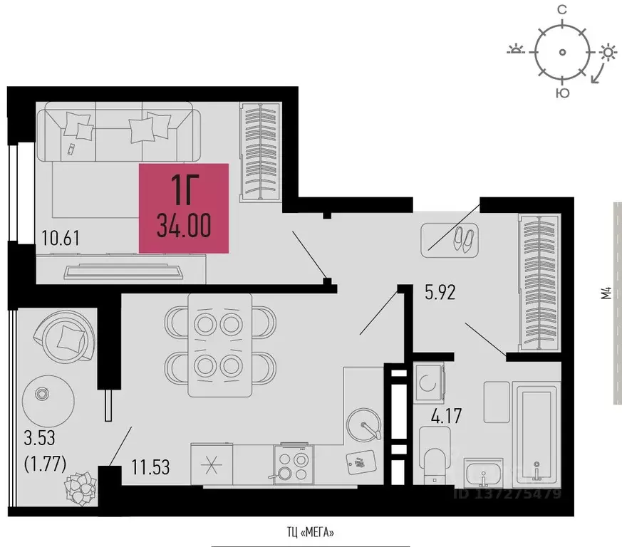 1-к кв. Ростовская область, Аксай  (34.0 м) - Фото 1