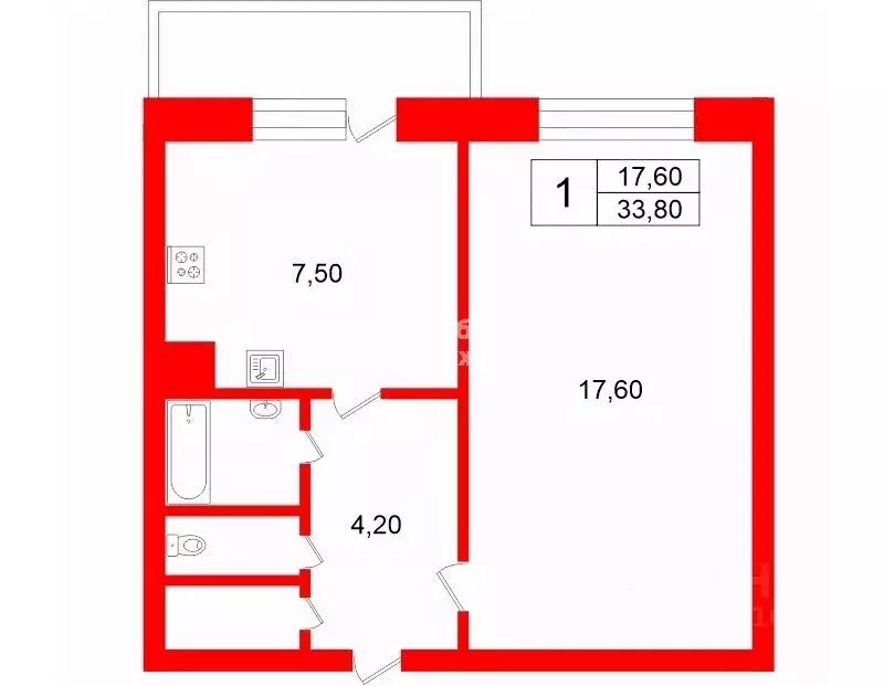 1-к кв. Санкт-Петербург ул. Передовиков, 33К1 (33.8 м) - Фото 2