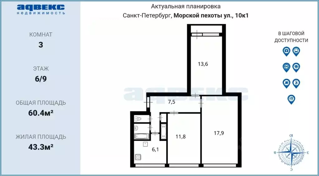 3-к кв. Санкт-Петербург ул. Морской Пехоты, 10к1 (60.4 м) - Фото 2