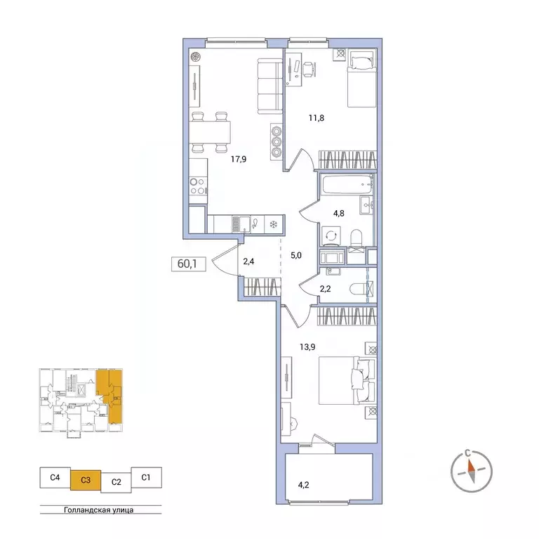 2-к кв. Ленинградская область, Всеволожский район, Заневское городское ... - Фото 1