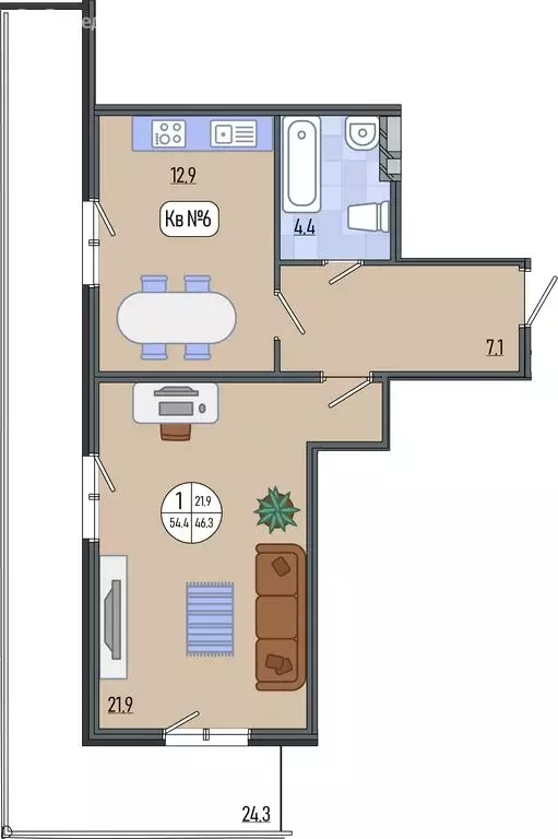 1-комнатная квартира: село Варваровка, улица Калинина, 150к20 (53.59 ... - Фото 1