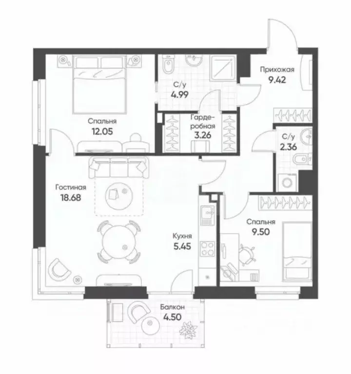 3-к кв. Татарстан, Казань ул. Гаврилова, 7к1 (66.7 м) - Фото 2