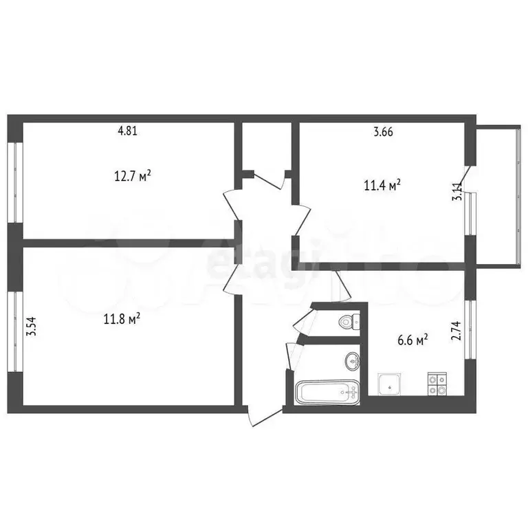 3-к. квартира, 58,7 м, 3/5 эт. - Фото 0