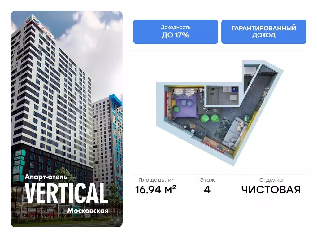 Студия Санкт-Петербург ул. Орджоникидзе, 44а (16.94 м) - Фото 0