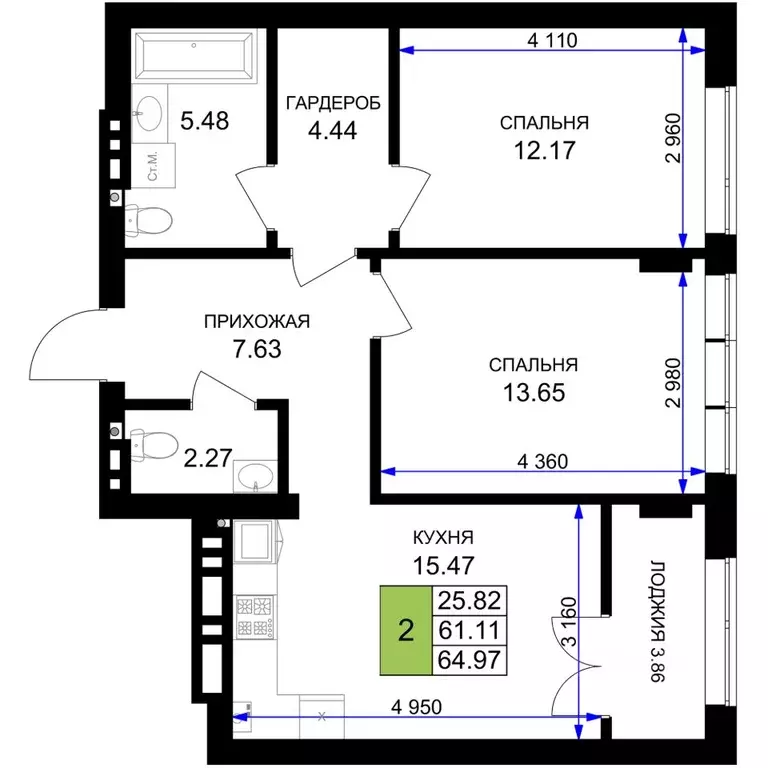 2-к кв. Калининградская область, Гурьевск Включи жилой комплекс (64.97 ... - Фото 0