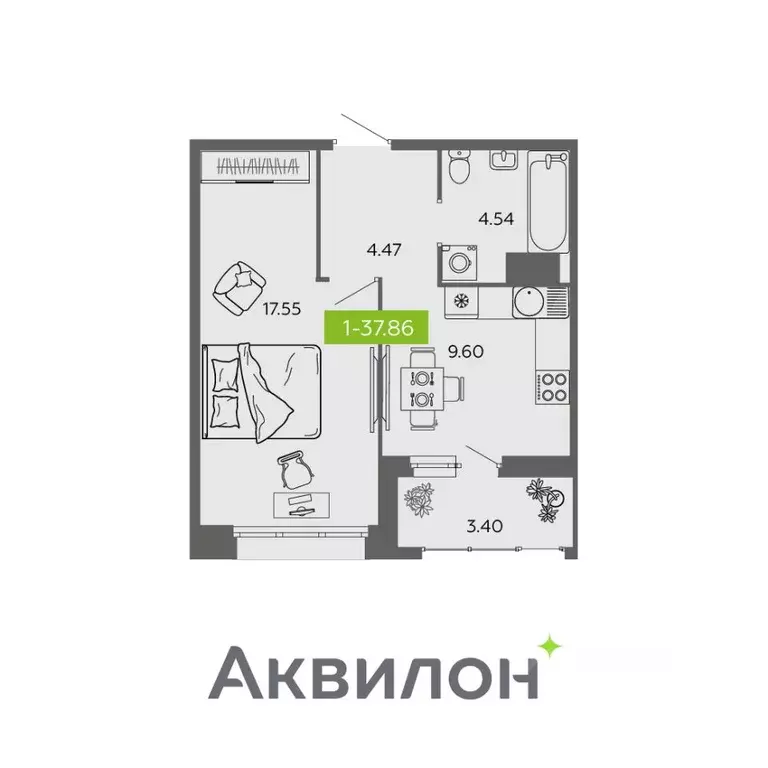 1-к кв. Архангельская область, Архангельск  (37.86 м) - Фото 1