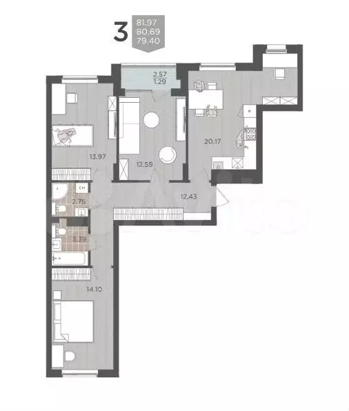 3-к. квартира, 80,5 м, 5/9 эт. - Фото 1