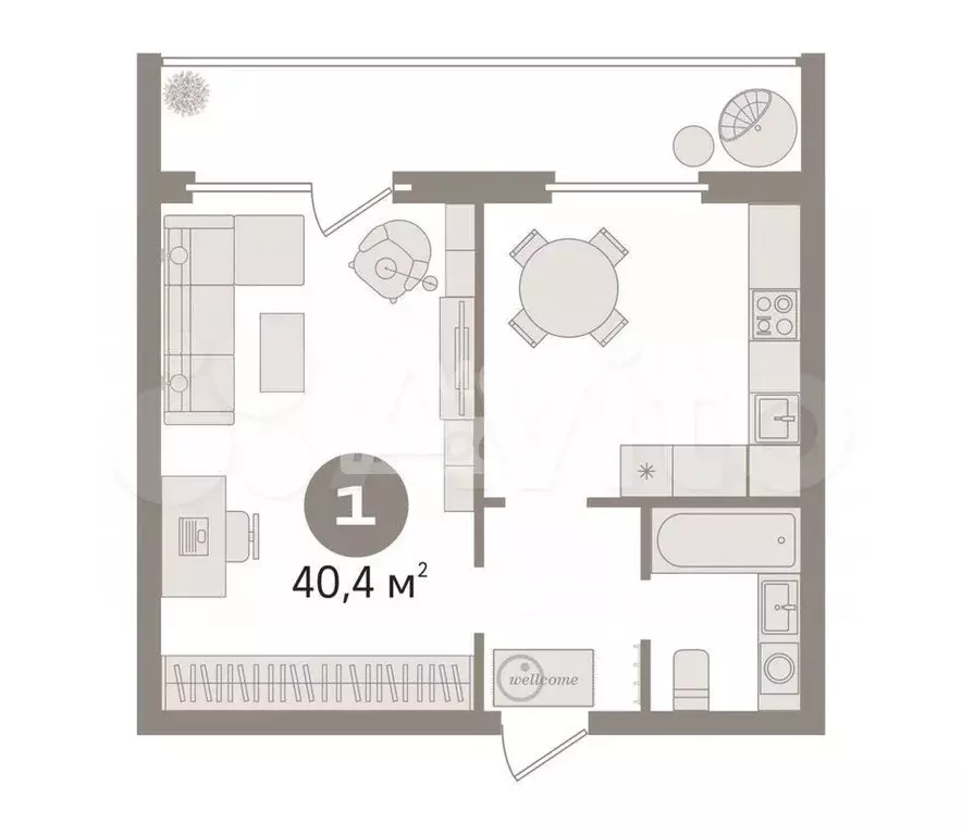 1-к. квартира, 40,4 м, 8/9 эт. - Фото 0