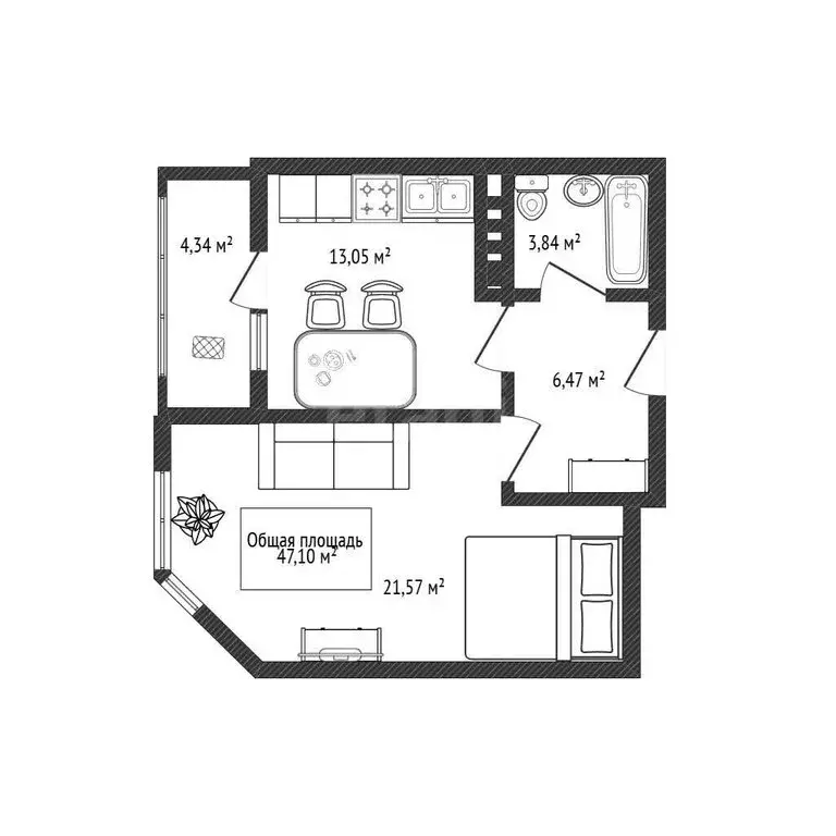 1-комнатная квартира: Брянск, улица имени А.Ф. Войстроченко, 8 (45 м) - Фото 1