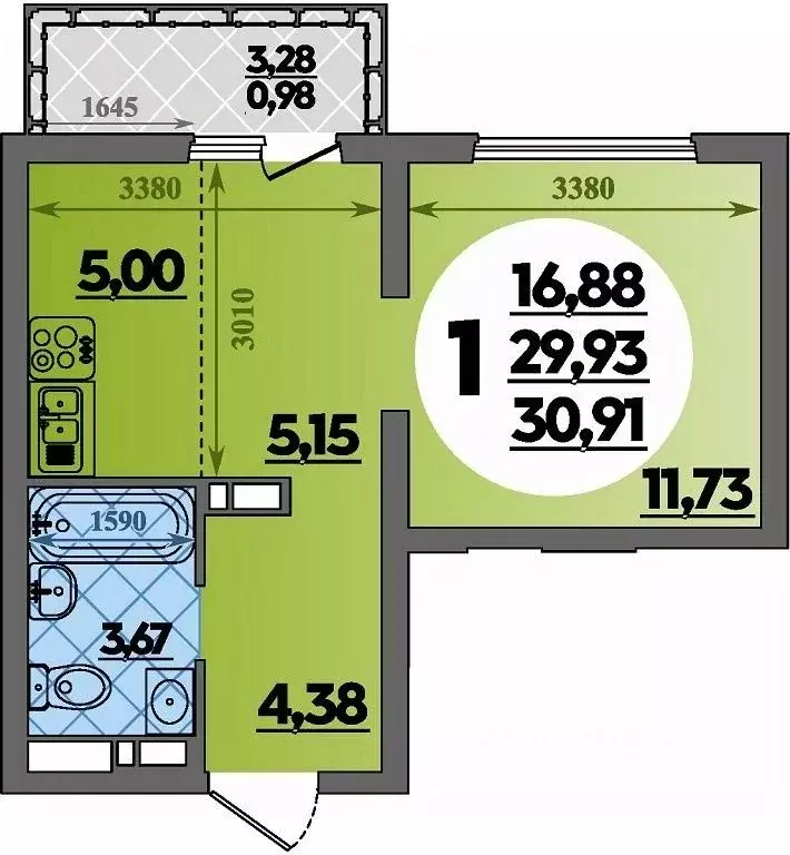 Студия Адыгея, Майкоп  (30.91 м) - Фото 1
