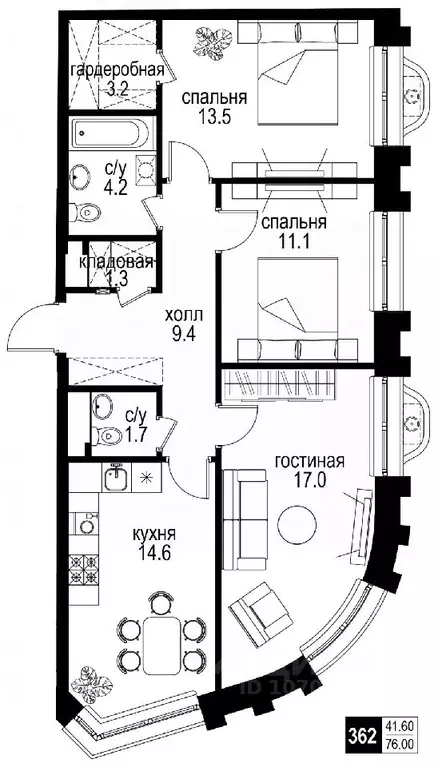 3-к кв. Москва проезд Проектируемый № 789 (76.0 м) - Фото 0