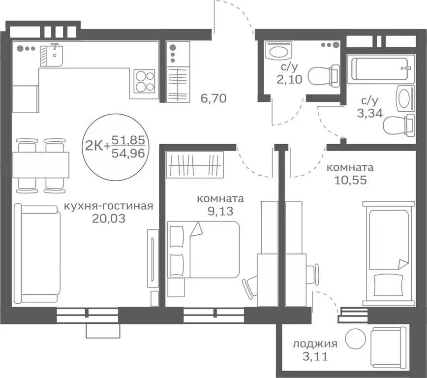 2-комнатная квартира: деревня Патрушева, улица Петра Ершова, 10 (51.85 ... - Фото 0