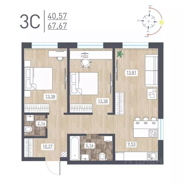 3-к кв. Новосибирская область, Новосибирск ул. Забалуева, с11 (67.67 ... - Фото 1