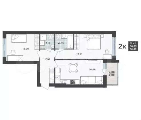 2-к. квартира, 68,6 м, 3/9 эт. - Фото 1